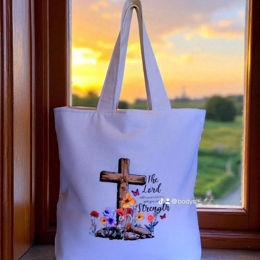 Inspirational Lavender Tote with Floral Cross